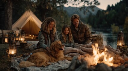 Lantern-lit evening camp with cozy blankets
