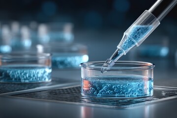Laboratory technologist using a pipette to transfer liquid in petri dishes during an experiment at a research facility