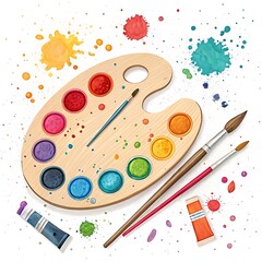 Artists palette with paint brushes and colors isolated on white background