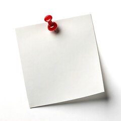 Blank white note paper with red push pin isolated on white background