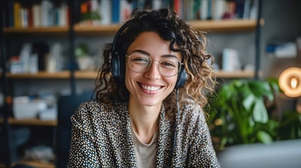 A cheerful woman with curly hair and glasses enjoys her remote job from a home study.