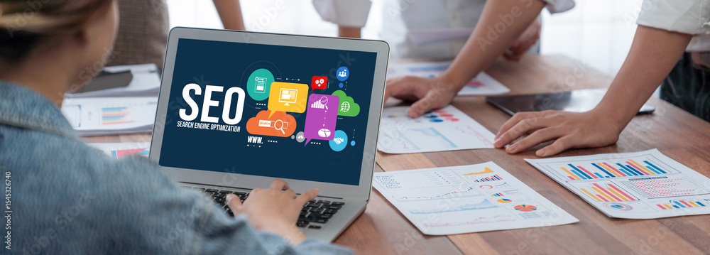 Poster seo search engine optimization for brisk e-commerce and online retail business showing on computer s