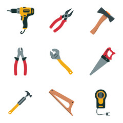 set of tools colorful vector, hammer, tool, construction, work, icon, tools, equipment, vector, screwdriver, repair, set, metal, building, steel, object, brush, saw, illustration, nail, wrench, design
