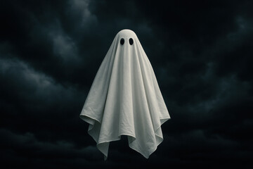 A ghost soars through dark clouds.