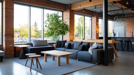 Modern loft-style living area with large windows
