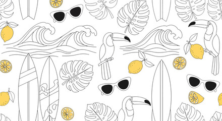 Summer themed pattern with toucans surfboards lemons waves sunglasses and monstera leaves.