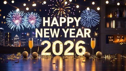 Neon sign illustration with happy new year 2026 text and star decoration for holiday party celebration