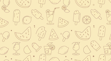Summer themed pattern with watermelon slices lemonades lemons and ice cream.