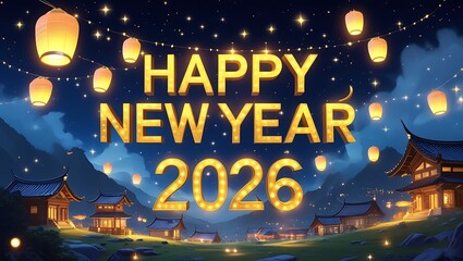 Neon sign illustration with happy new year 2026 text and star decoration for holiday party celebration