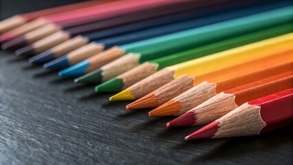 Obraz premium Close Up of Sharpened Colored Pencils on Dark Surface.