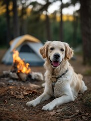 Campfire and pet dog in forest tent