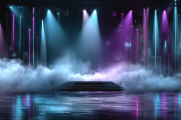 Colorful stage with fog and lighting effects set for a performance in an event space at night