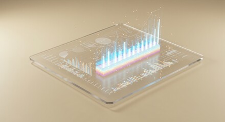 Futuristic Data Visualization Hologram shows glowing bar chart graphs on glass tablet screen,...