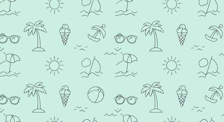 Summer themed seamless pattern with beach elements in outline style 1.