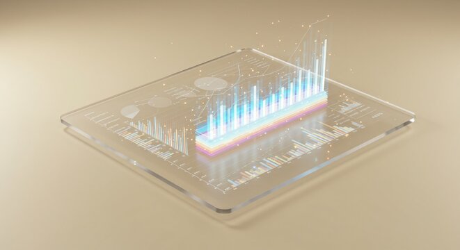 Futuristic Data Visualization Hologram shows glowing bar chart graphs on glass tablet screen, representing business analytic and technology innovation.