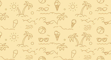 Summer themed seamless pattern with palm trees sun ice cream and beach balls.