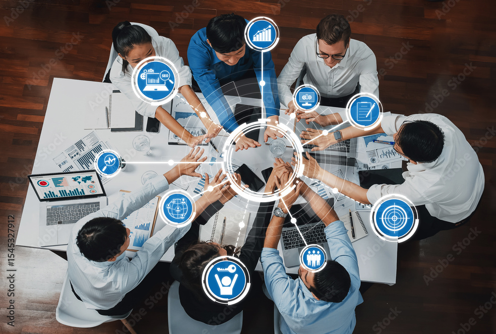 Poster A diverse group of professionals engages in a collaborative meeting in a modern office. Technology and data visualizations support brainstorming and strategic planning. Amity