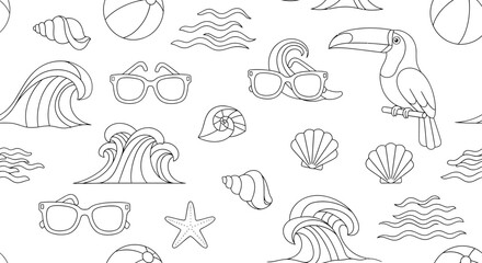 Summer themed seamless pattern with toucan sunglasses waves shells and beach ball.