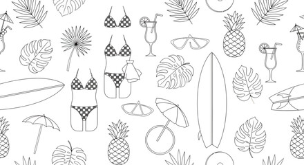 Summer themed seamless pattern with tropical elements and checkered bikini.