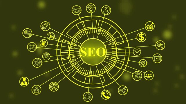 SEO Search engine optimization marketing ranking  animation in yellow color,.seo text  startup network animation.