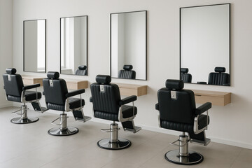 Multiple clients getting haircuts in a busy salon room with chairs and mirrors.