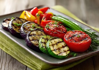 Grilled assorted vegetables including zucchini, tomatoes, eggplants, and peppers on a tray

