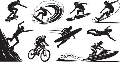Fototapeta premium Extreme Sports Silhouettes Collection Skateboarding Snowboarding Surfing B M X Jet Skiing Cliff Diving Action