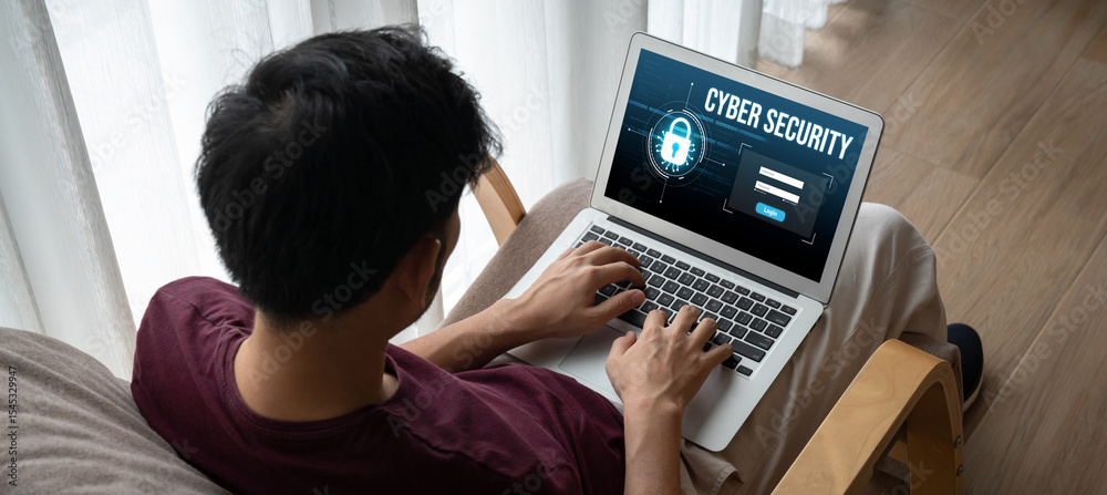 Poster cyber security system on computer screen protect private information snugly from hacker and cyber at