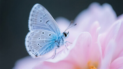 A turquoise-winged butterfly with black markings rests gently on a layered pink flower, sharply focused against a dreamy blurred backdrop&mdash;like a moment of enchantment frozen in nature&rsquo;s garden