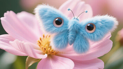 Obraz premium A fuzzy blue butterfly with wide cartoon eyes and soft antennae rests on a blooming pink flower—radiating fantasy charm and plush-like wonder