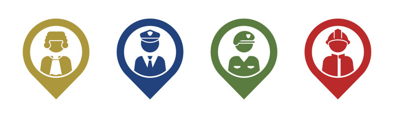 Judge, Police, Soldier, Firefighter icon set illustration vector. Judge, Police, Soldier, Firefighter with location sign and symbol.