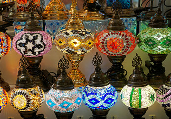 Colorful mosaic lamps glow in Grand Bazaar