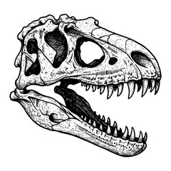Tyrannosaurus Rex Dinosaur Skull Black and White Outline Line Art Drawing detailed engraving style