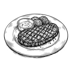 Delicious Cooked Steak with Sauce and Sides on Round Plate Black and White Outline Line Art Drawing