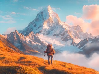 Fototapeta premium Hiker Ascending Grassy Hill