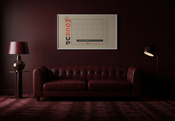 Burgundy Scene Living Room Horizontal Poster Frame Mockup