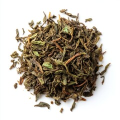 Obraz premium Dried Green Tea Leaves Close-Up, Heap of Loose Leaf Tea, Aromatic Herbal Beverage Ingredient isolated on white background