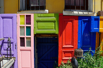 Old colorful wooden door with panels