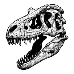 Fossil Tyrannosaurus Skull Open Mouth Side View Detailed Black and White Outline Line Art Drawing