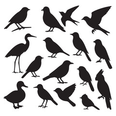 Obraz premium Bird Silhouette Vector Set – Flying & Perching Bird Icons PNG