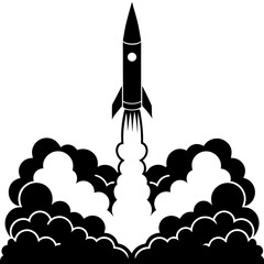 Rocket launching with smoke isolated on white background