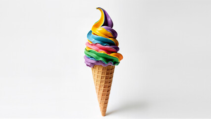 A vibrant rainbow swirl ice cream cone is isolated on a white background. For food, dessert, and summer concepts.