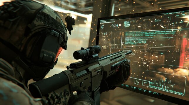 Military soldier targeting futuristic screen