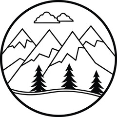 Fototapeta premium Simple line art illustration of mountains, trees, and clouds in a circular frame
