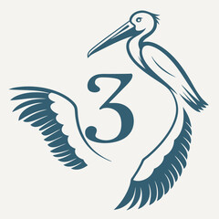 Number 3 with Flying Bird Wings Vector Illustration - Nature Typography Design