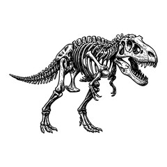Tyrannosaurus Rex Skeleton Fossil Black and White Outline Line Art Drawing Vintage Engraving Style Side View