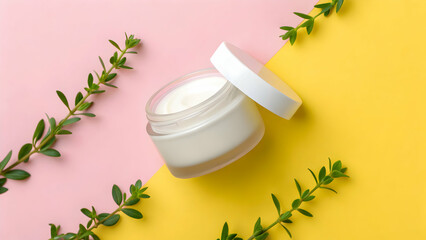 Minimal skincare jar with greenery on pink yellow background