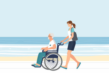 Senior man in a wheelchair going for a stroll on a beach vacation with a caregiver in summer. Woman and elderly patient travel abroad together while relaxing in the fresh air and sunshine on holiday