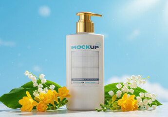 Dispenser Bottle Jar Packaging Mockup with Flowers