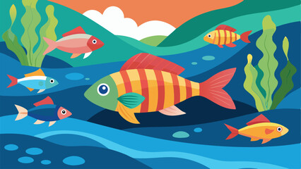Colorful fish swimming in a decorative underwater scene with transparent background